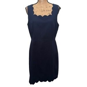 J. Crew Scalloped Basketweave Sheath Dress Square Neck Preppy Chic Navy‎ Size 12